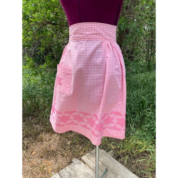 Vintage 1950s Half Apron Pink Gingham Check Smocked Stars Farmhouse - Picture 16 of 16